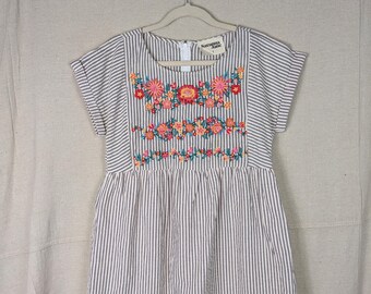 Savanna Jane Gray/White Striped Floral Embroidered Dress | S