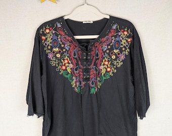 Together! Embroidered Boho Black Top  | L