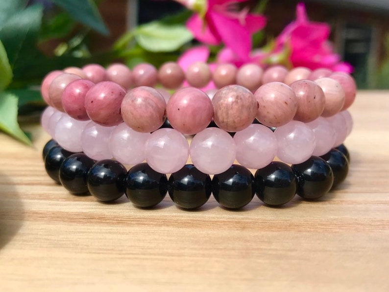 rhodonite and black Obsisiaan Set of 3 bracelets with Rose quartz