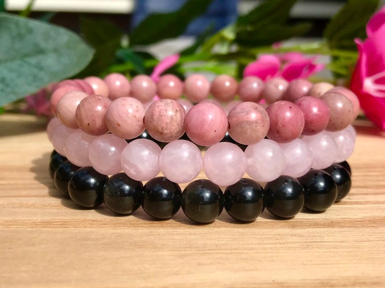 rhodonite and black Obsisiaan Set of 3 bracelets with Rose quartz