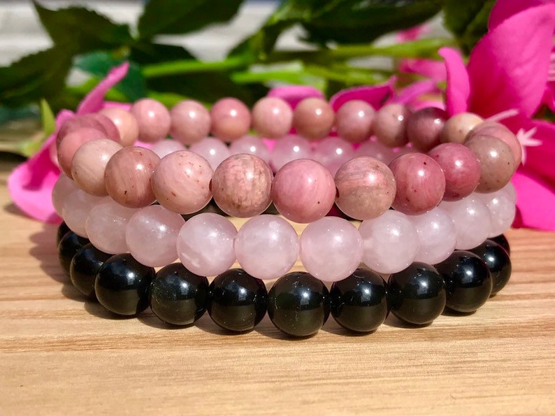 rhodonite and black Obsisiaan Set of 3 bracelets with Rose quartz