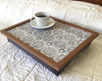 Fleur Blue Grey LAP TRAY with Bean Bag Cushion: High Quality Cushioned, Padded, Laptop Desk, Breakfast in Bed, TV Dinner Eating Tray Table