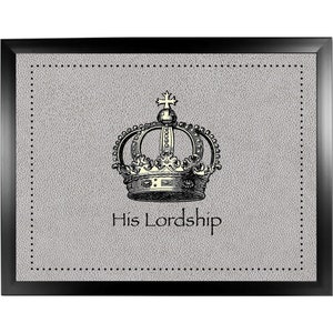 May include: A framed print with a grey background and a black and white illustration of a crown with the text "His Lordship" underneath.