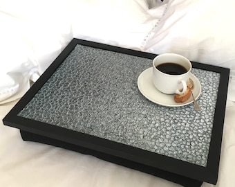 IRIDESCENT Teal Grey Lap TRAY: High Quality Bean Bag Cushion, Breakfast in Bed, TV Dinner, Laptop Tray Table Desk