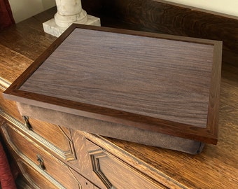 Brown Wood LAP TRAY with Bean Bag Cushion Base. Cushioned Laptop Tray Desk. Printed Wood Effect Top. Padded Food Tray for Eating. Frames x 3