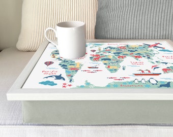 WORLD MAP Lap Tray: Children's Kids High Quality Bean Bag Cushion Laptop TV Dinner Eating Food Tray. 2 x Frame Colours