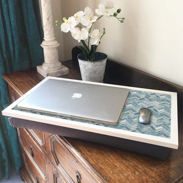 Herringbone Blue LARGE Laptop Lap Tray Desk: Extra Wide Laptop Bean Bag Cushion Tray, Breakfast in Bed, TV Dinner Tray, Laptop Tray Table