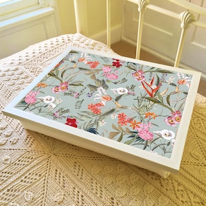 GREEN FLORAL Lap Tray Table with Bean Bag Padded Cushion, for Eating and Laptop Lap Desk Use