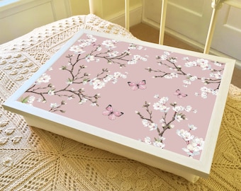 CHERRY BLOSSOM Lap Tray: Flower and Butterfly Laptop Tray with Bean Bag Padded Cushion