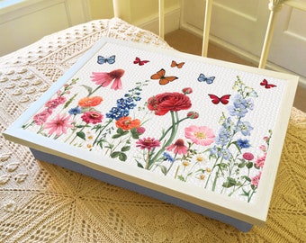 BUTTERFLY GARDEN Flower Lap Tray Desk with Bean Bag Padded Cushion