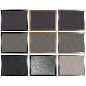 May include: Nine different framed samples of fabric textures. The frames are black, brown, and silver. The fabrics are black, gray, and beige.