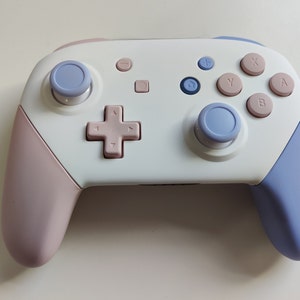 Puede incluir: Un mando de Nintendo Switch blanco con detalles en rosa y azul. El mando tiene una empuñadura izquierda rosa, una empuñadura derecha azul y botones rosa y azul.