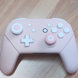 May include: A pink Nintendo Switch controller with white buttons and a white flower design on the analog sticks.