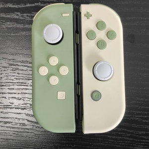 Könnte beinhalten: Ein grün-weißer Nintendo Switch Joy-Con-Controller mit einem weißen Knopf links und einem weißen Knopf rechts.