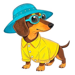 Cute and trendy dachshund in a yellow shirt Five  files PNG clipart for DTF DTG t-shirts mugs cups sublimation scrapbooking digital download