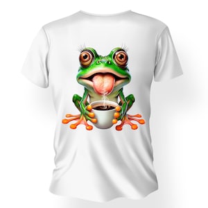 Rana dei cartoni animati che tiene una tazza di caffè caldo. Clipart PNG per DTF, DTG, magliette, tazze, tazzine, sublimazione, scrapbooking, download digitale.