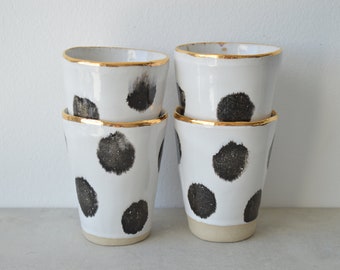 White ceramic tumbler with black polka dot and gold rim, stoneware mug, handbuilt ceramics