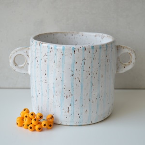 Handmade ceramic planter, decorative planters indoor, white flower pot with handles, medium sized image 1