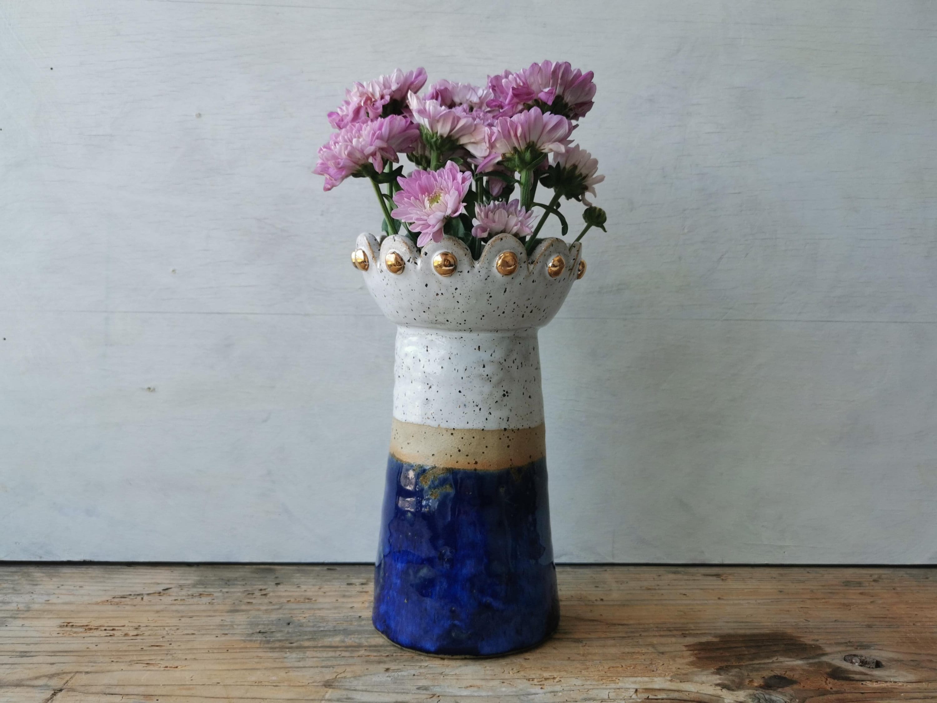 Blue and White Vase With Gold Details, Handmade Tall Ceramic Flower ...