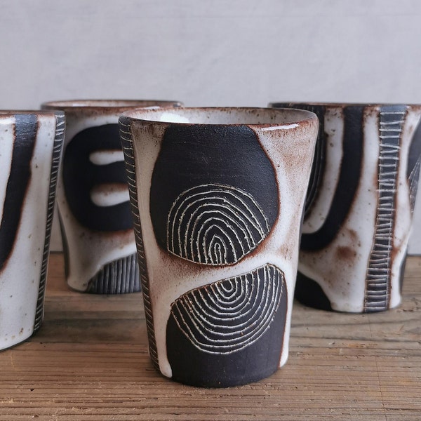 Handmade ceramic tumbler, black stoneware cup, geometric mug, gifts for men