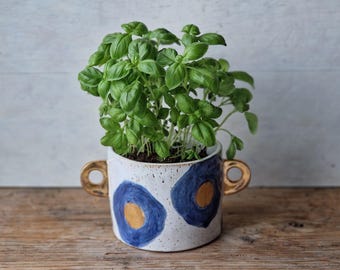 Handgjord keramisk planteringsmaskin, dekorativ blomkruka inomhus, unik växtkruka med handtag, medelstor