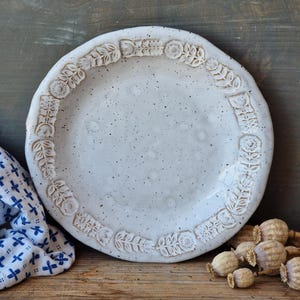 Rustic white dessert plate, handmade floral salad plate, housewarming gift, durable stoneware pottery