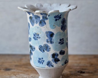 Floral ceramic vase, blue and white handmade vessel, handbuilt vase for flowers
