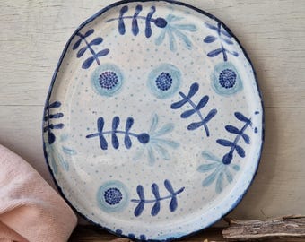 Floral ceramic platter, handmade serving plate, rustic organic tray, speckled stoneware pottery