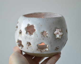 White candle holder, ceramic tea light, handbuilt speckled stoneware candleholder, Christmas gift