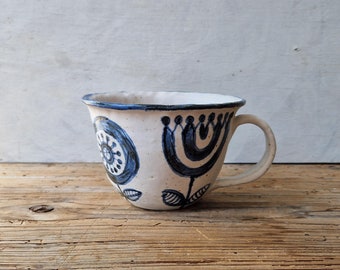 Cappuccino cup handmade, coffee lovers gift, blue and white rustic ceramic cup, floral tea cup
