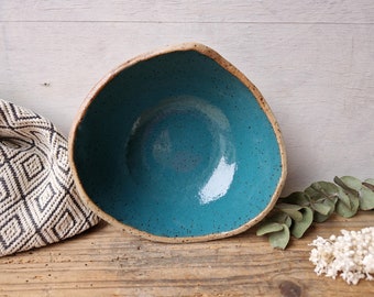 Handmade ceramic breakfast bowl, teal blue cereal dish, organic pottery