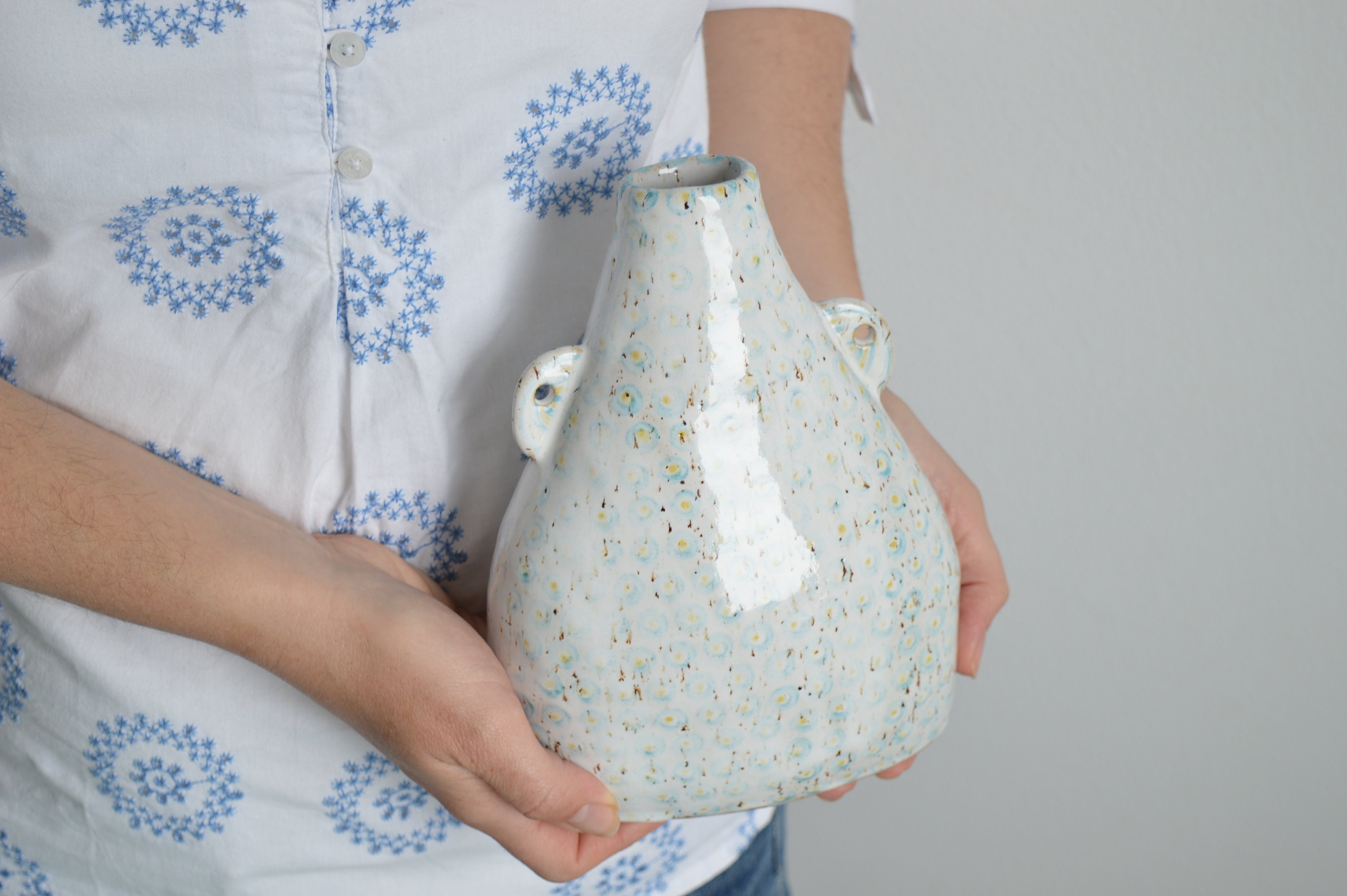 Contemporary Ceramic Vase Large White Speckled Coiled Handmade