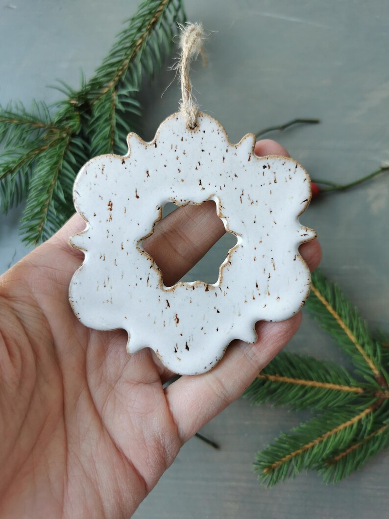 White snowflake ornament, handmade ceramic ornaments, Christmas decorations image 3