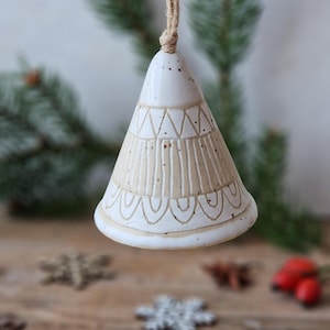 White ceramic bells, handmade Christmas bells, tree ornaments, holiday decorations, housewarming gift