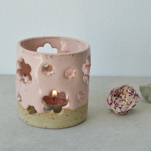 White candle holder, ceramic tea light, handbuilt speckled stoneware candleholder, Christmas gift image 1