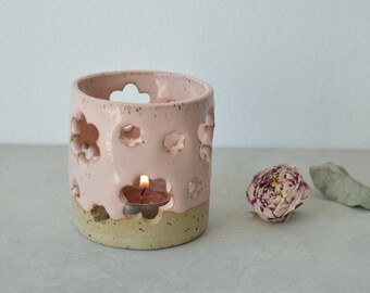 White candle holder, ceramic tea light, handbuilt speckled stoneware candleholder, Christmas gift