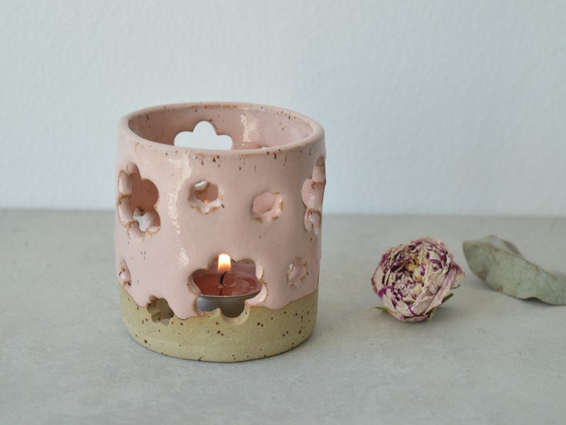 White candle holder, ceramic tea light, handbuilt speckled stoneware candleholder, Christmas gift image 1