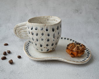 Espresso cup with saucer, small mug, speckled pottery, coffee cup, cups for him