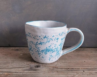 Rustic pottery mug, turquoise and white ceramic mug, handmade coffee mug, tea lovers gift