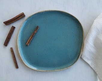 Ceramic dessert plate, handmade salad plate, organic form, teal blue speckled slab plate, stoneware ceramics