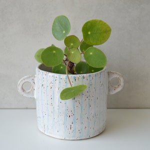Handmade ceramic planter, decorative planters indoor, white flower pot with handles, medium sized image 2