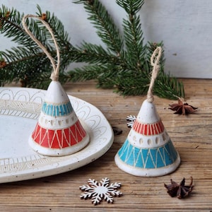 Ceramic bells, handmade Christmas tree ornaments, holiday decorations, family gift