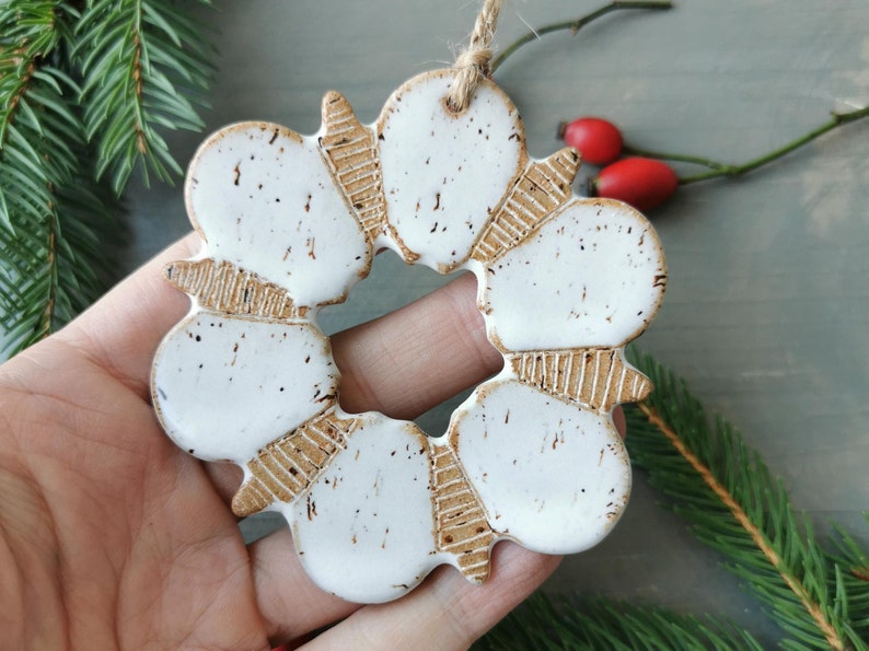 White snowflake ornament, handmade ceramic ornaments, Christmas decorations image 1