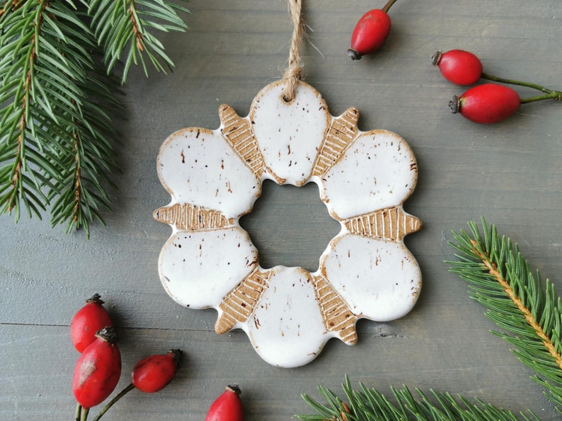 White snowflake ornament, handmade ceramic ornaments, Christmas decorations image 2