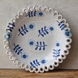 Large serving dish with scalloped rim, ceramic fruit bowl, salad bowl, blue and white pottery, wedding gift