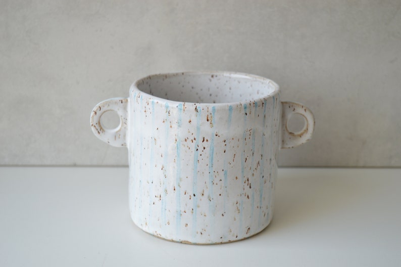 Handmade ceramic planter, decorative planters indoor, white flower pot with handles, medium sized image 6