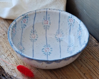 Handmade ceramic breakfast bowl, floral cereal bowl, handpainted soup dish, durable stoneware pottery