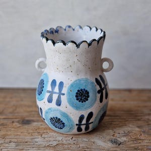 Floral ceramic vase with handles, handmade medium vase for flowers, rustic organic ceramics, wedding gift