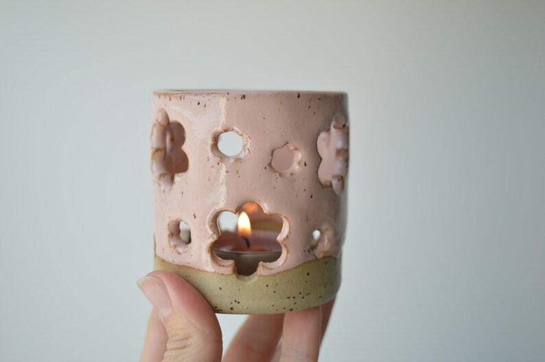 White candle holder, ceramic tea light, handbuilt speckled stoneware candleholder, Christmas gift image 2