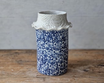 Wavy floral ceramic vase: handmade blue and white stoneware vessel